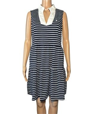 Nautica Jeans Women's Dress SizeM Navy Blue White Striped Sleeveless Knee Length